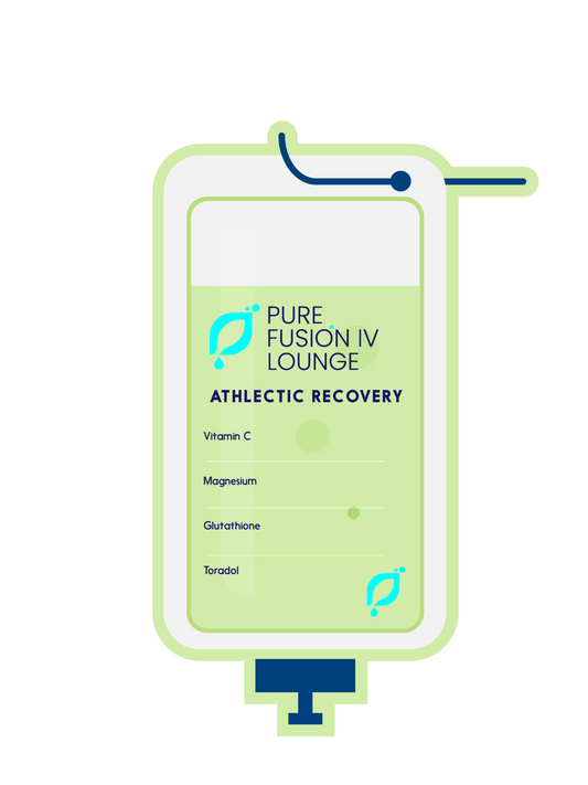 A person receiving Athletic Recovery IV Therapy at Pure Fusion IV Lounge. The image depicts a serene setting where an individual is comfortably seated, undergoing a specialized IV treatment designed for athletic recovery. The focus is on the fusion of science and well-being at Pure Fusion IV Lounge, ensuring a holistic approach to health and revitalization.